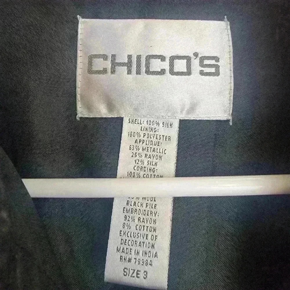 Vtg Chicos 3 Black Brown Silk Embroidered Asian Symbols Button Jacket Size XL - Picture 2 of 10